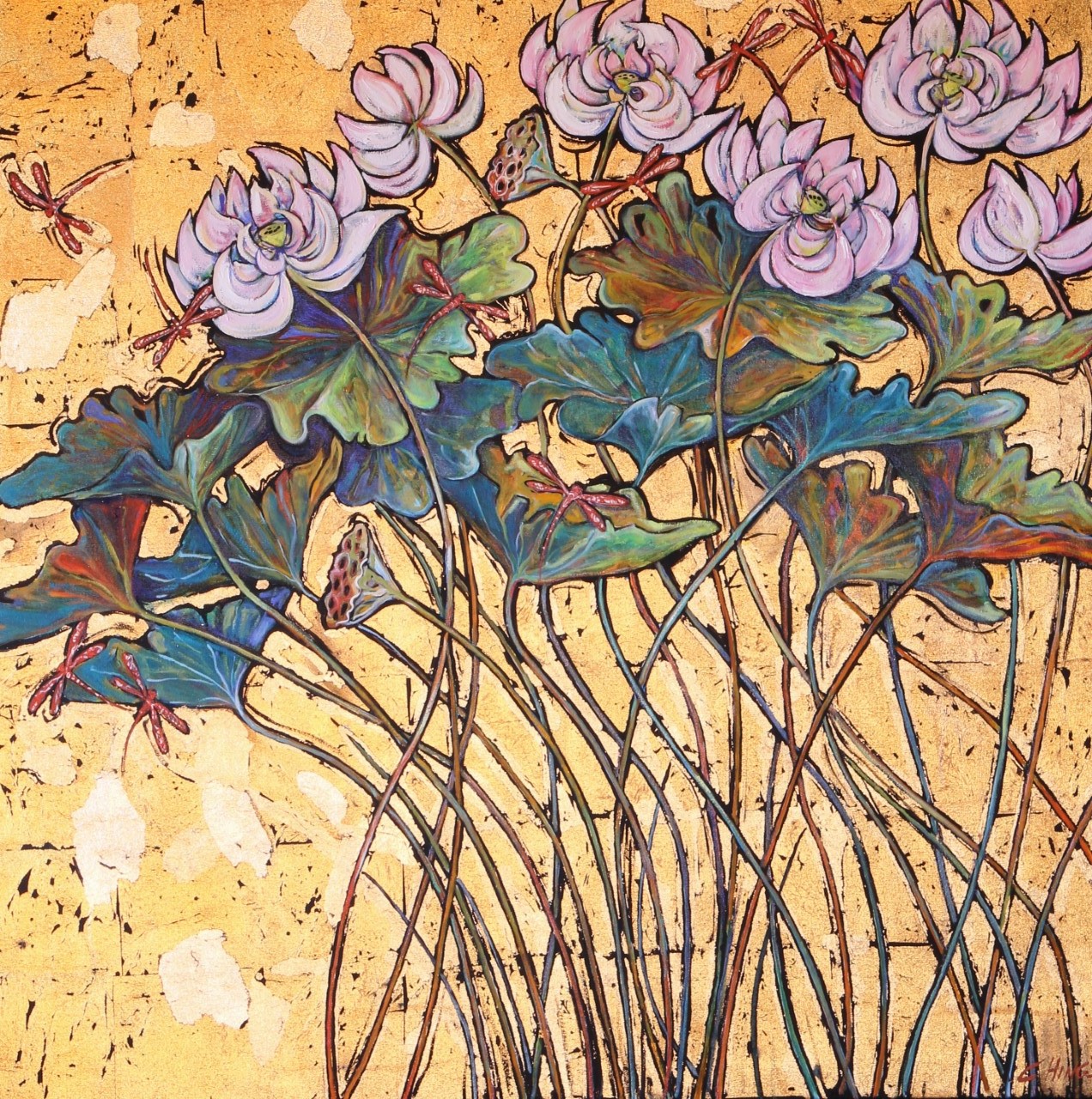 White Lotus with Dragonflies on Gold