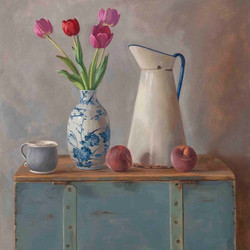 Tulips, Peaches, Wooden Box