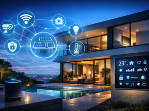 スマートホームの外観と設備連携を示す未来的な住宅。夜景の中、ガラス張りの家の中で夫婦がくつろぎ、周囲には太陽光発電・温度調整・セキュリティなどの設備アイコンが浮かび上がっている。