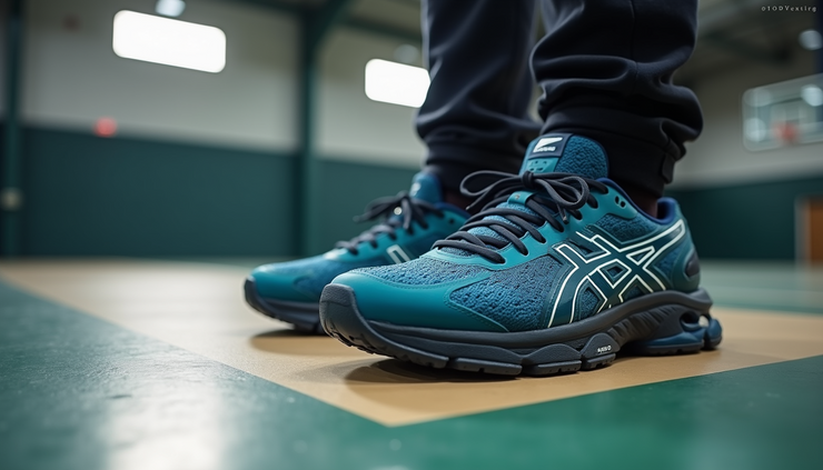 Close-up view of a pair of workout shoes on a gym floor