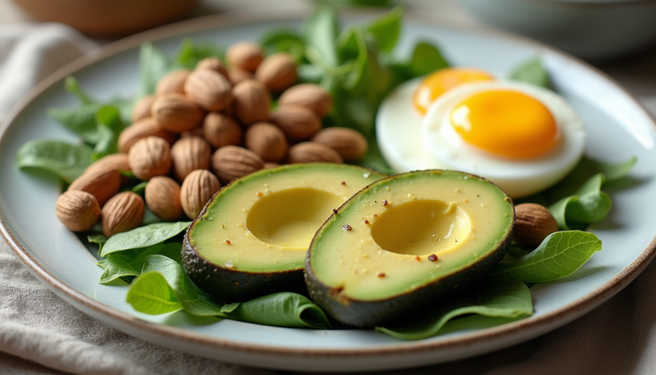 Close-up view of a plate with keto-friendly foods including avocado, eggs, and nuts