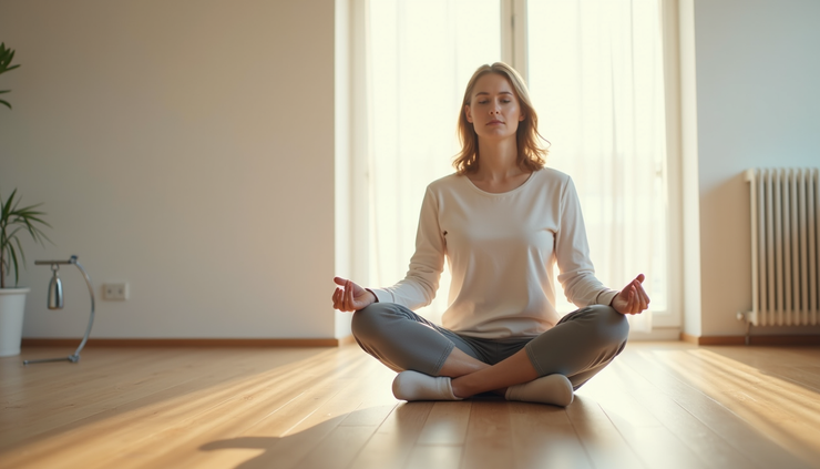 Eye-level view of a person sitting cross-legged on a wooden floor in a bright room