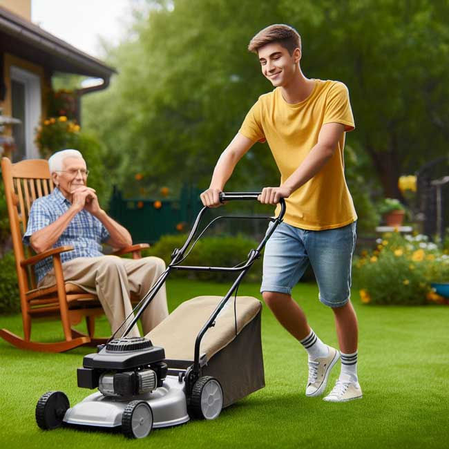 A young man is mowing the lawn of an elderly man, who is sitting in a rocking chair, to show him Jesus' love in a practical way