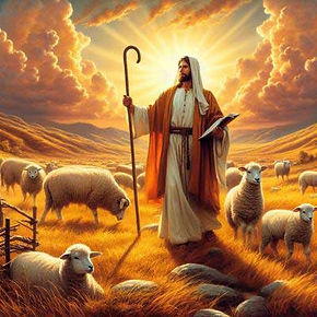 Jesus is the shepherd surrounded by sheep in a valley