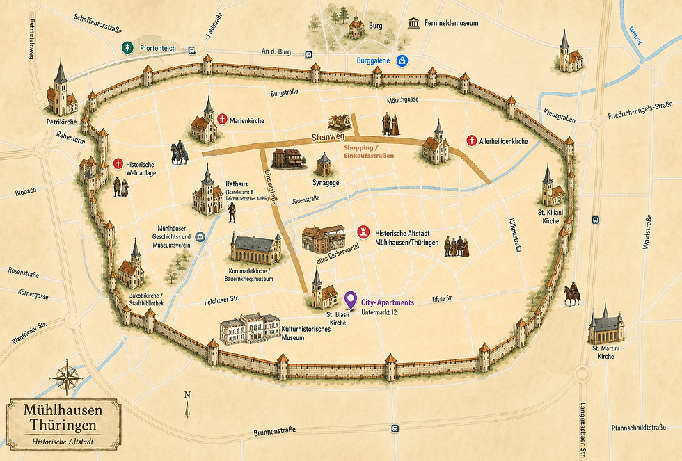 Karte der historischen Altstadt von Mühlhausen mit Stadtmauer, Kirchen, Museen, Einkaufsstraßen und Markierung der City-Apartments am Untermarkt 12