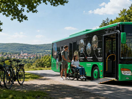 Wanderbus (grün) mit Rollstuhlfahrerin und Begleitperson, Haltestelle Hainich, Wanderweg
