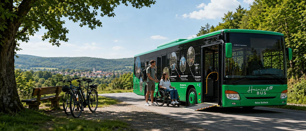 Wanderbus (grün) mit Rollstuhlfahrerin und Begleitperson, Haltestelle Hainich, Wanderweg