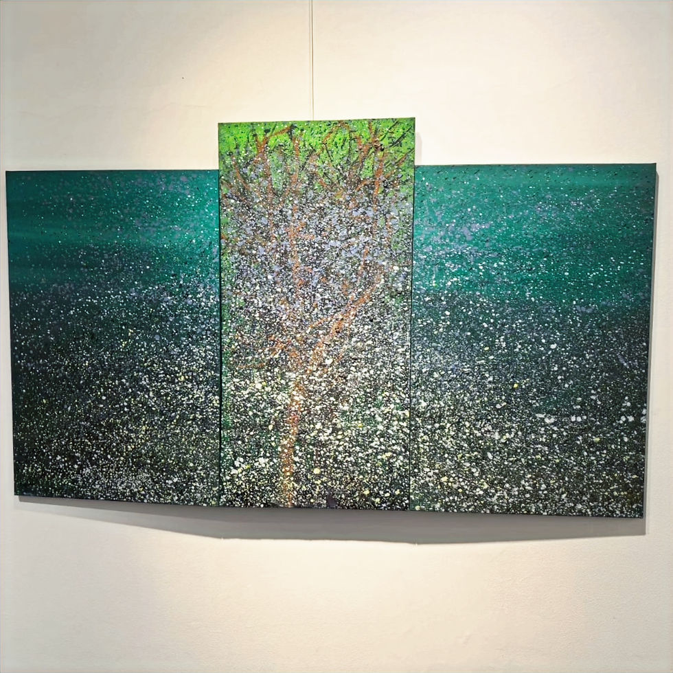Three-panel abstract painting of a tree with vibrant greens and browns. Speckled texture creates depth, evoking a serene, natural mood.
