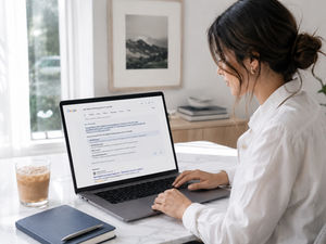 A girl looks at an AEO result on her laptop.
