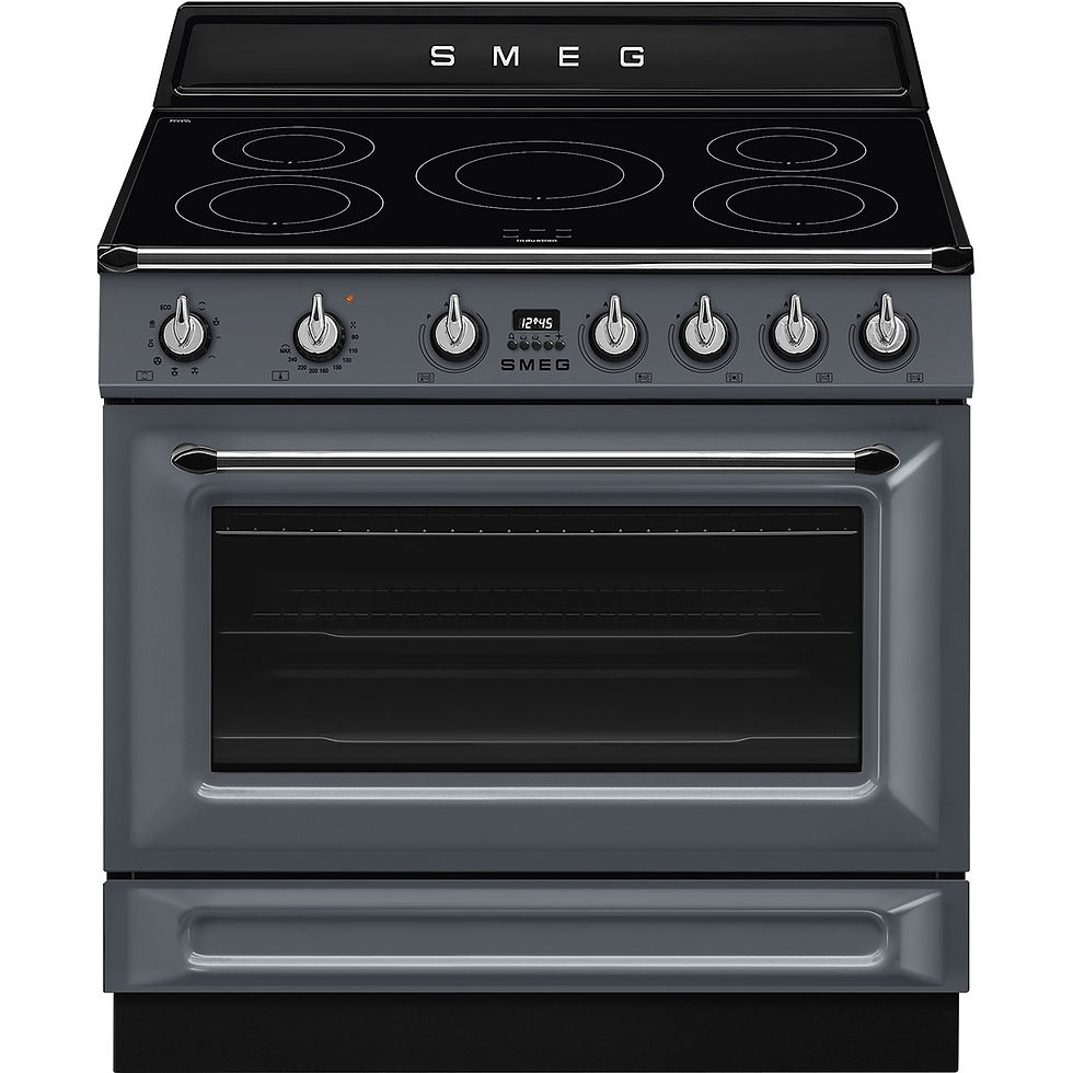 Miniaturbild: Standherd von SMEG in Grau mit fünf Kochfeldern und einem Backofen. Die Bedienelemente sind an der Vorderseite angebracht.