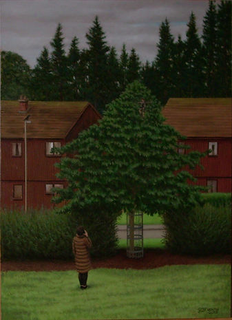 a boy plyaing truant up a tree with his mother on the phone