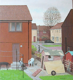 an old legless man in a wheelchair looking at his dilapidated shed