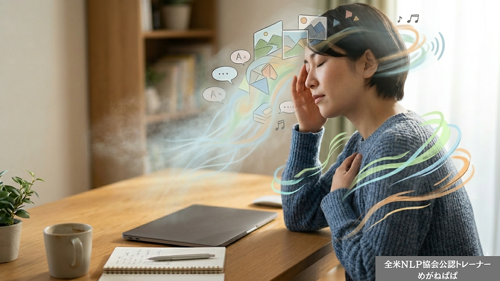 デスクで目を閉じ、リラックスして『内的表象リセットの3分間』ワークを行っている日本人女性コーチ（同一人物）。前回の画像で表現された多様な内的表象（抽象的なイメージ、音、感覚）が、薄く穏やかな光のオーラとして彼女を包んでおり、回復した豊かな感覚が示されている。デスクのPCは閉じられている。