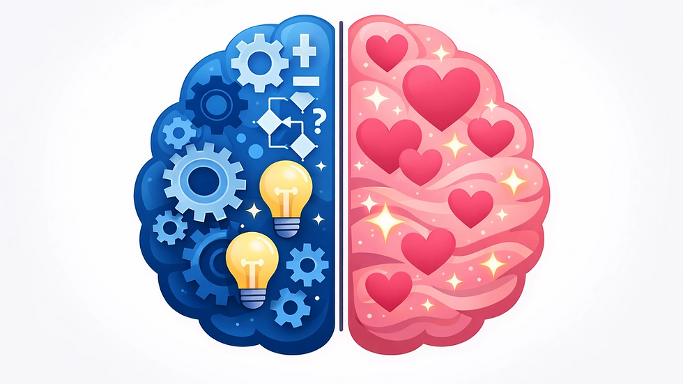 問題解決型(歯車、論理記号)と共感型(ハート、感情表現)の脳のイラスト。コミュニケーションスタイルの違いの視覚化。