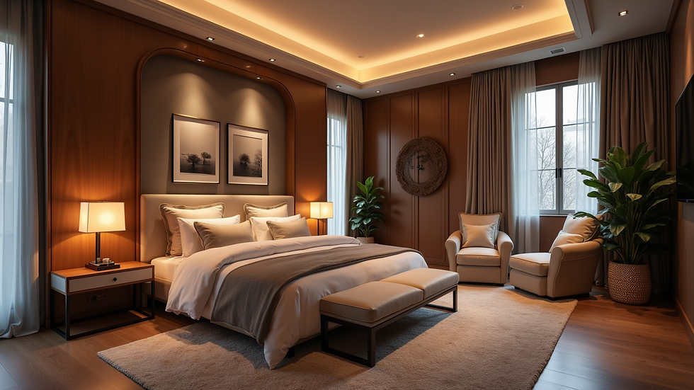 High angle view of a luxurious bedroom with custom furnishings and ambient lighting