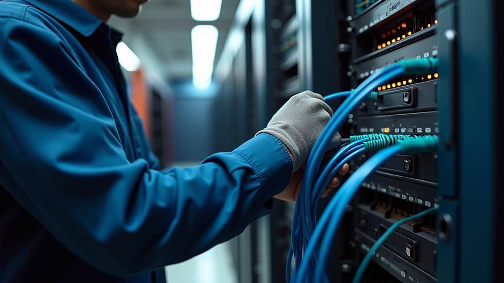 Close-up view of a technician installing network cables in a server room