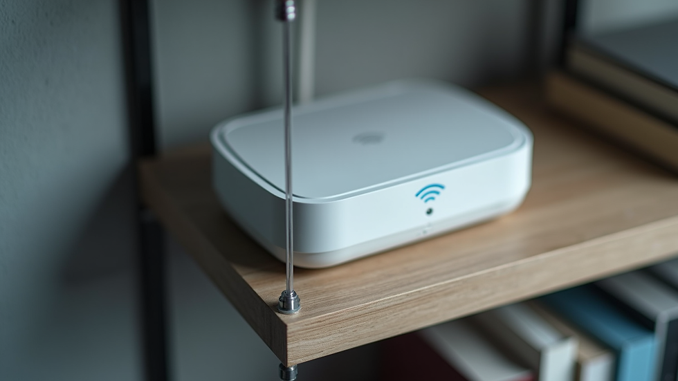 High angle view of a mesh WiFi node installed on a shelf