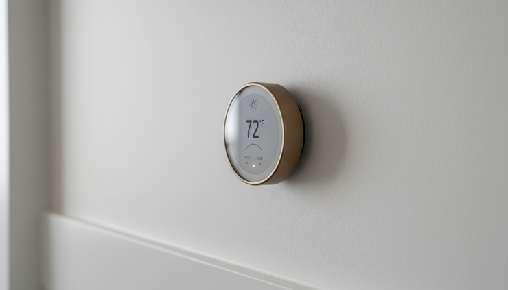 Close-up view of a smart thermostat mounted on a clean hallway wall.