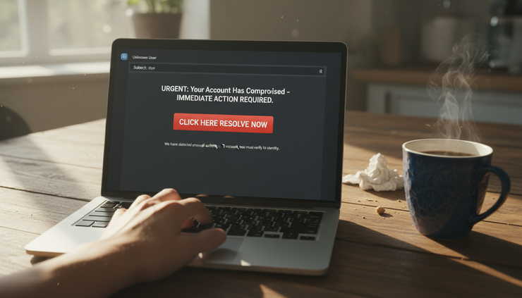 Close-up view of a hand hovering over a suspicious email link on a laptop at a kitchen table.