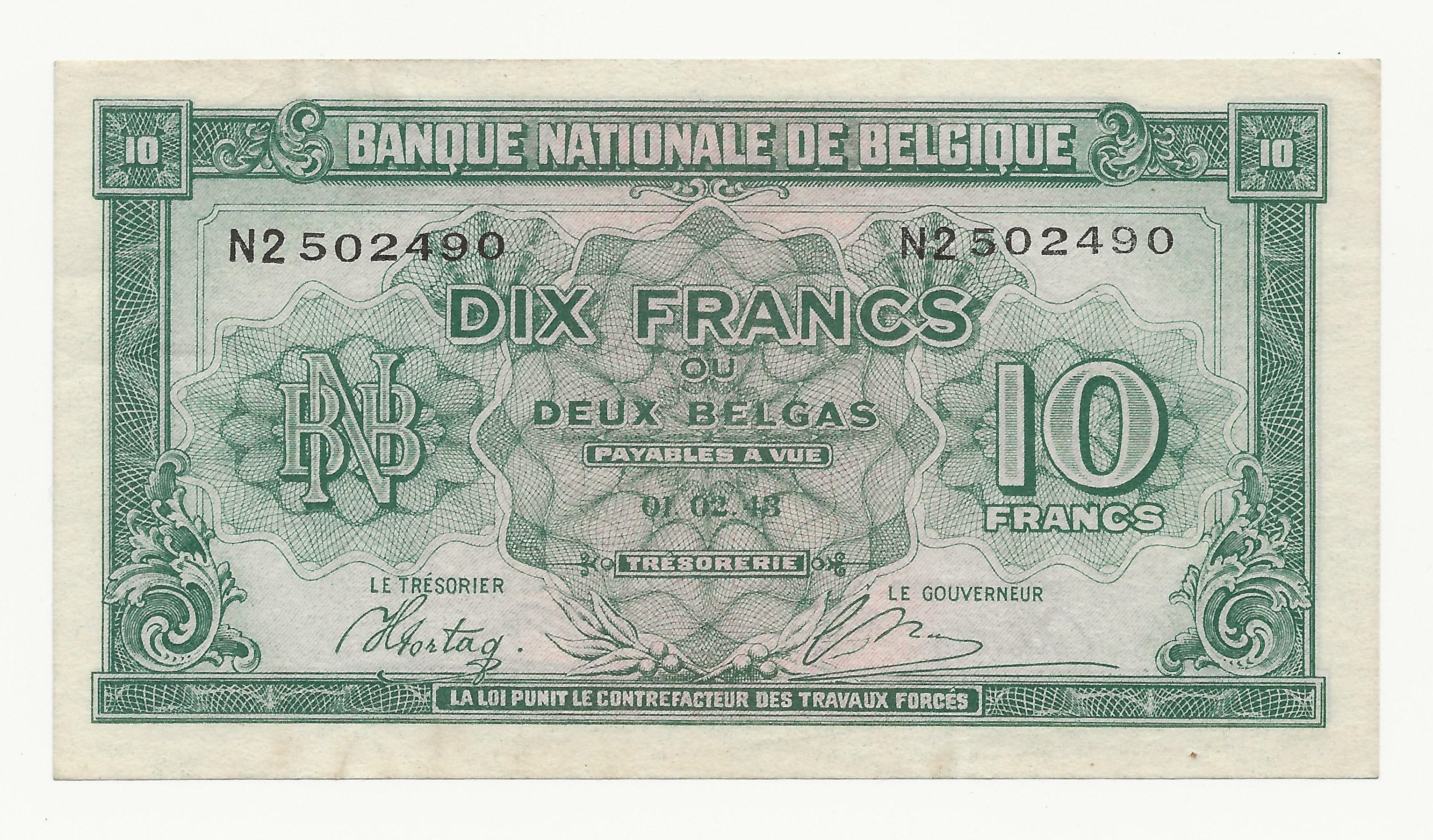 Belgium - 10 Francs - 1943 - pick# 122a