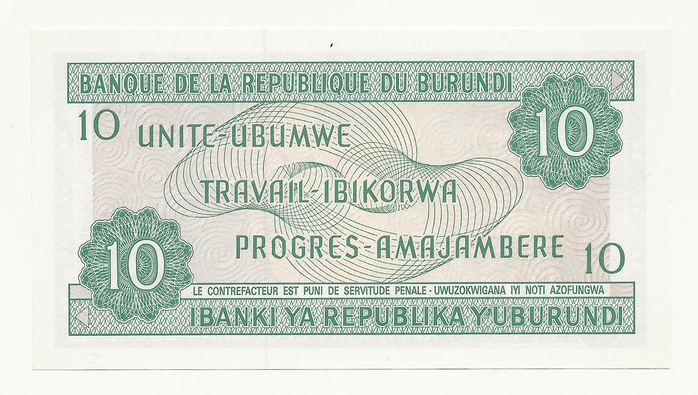 Thumbnail: Burundi - 10 Francs - 1989 - pick# 33b
