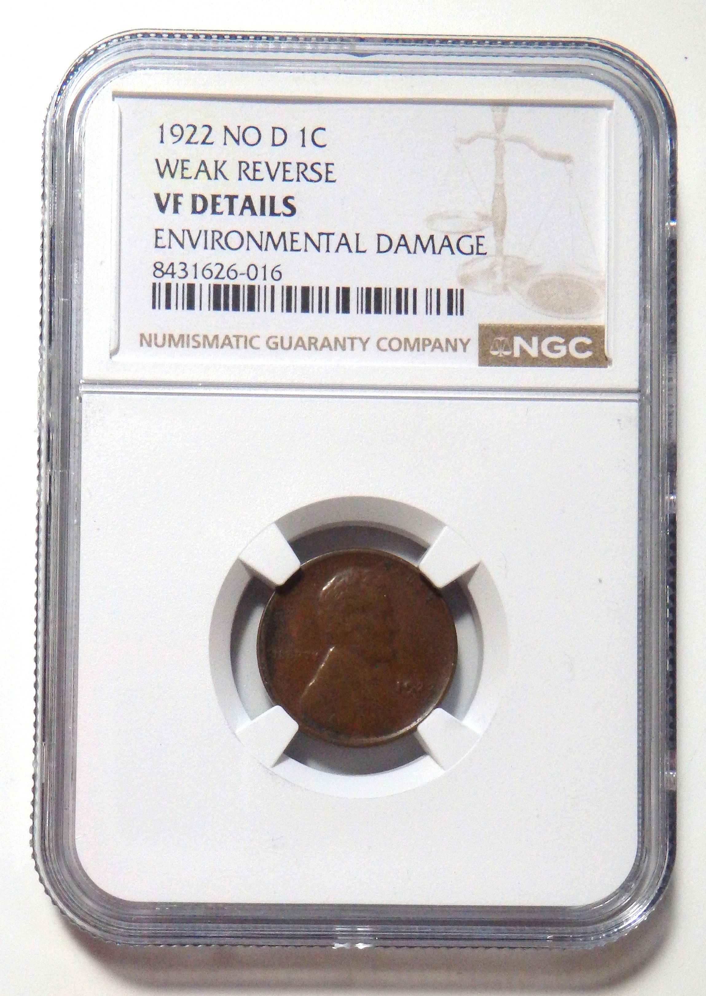 1922 No D (Weak Reverse) Lincoln Cent - VF Details