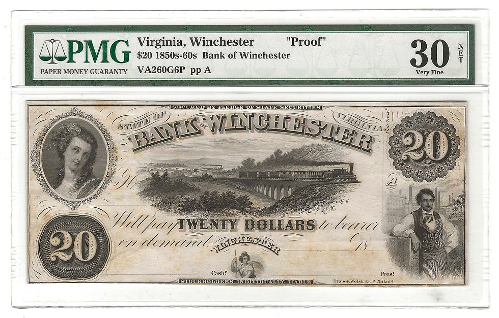 Thumbnail: 1850's-60's $20 Proof Obsolete Note Winchester,VA (30 Net)