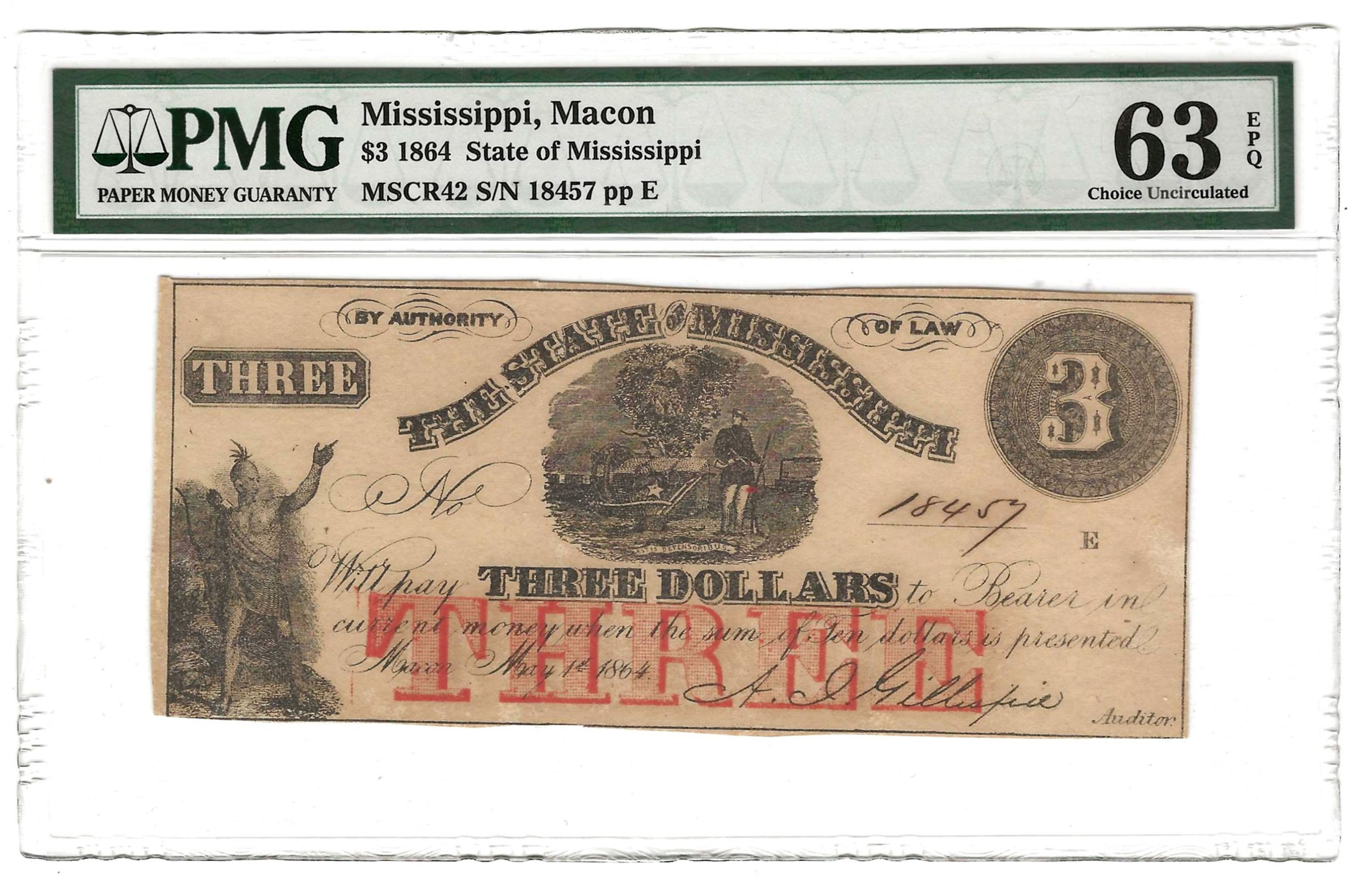1864 series $3 Obsolete Note Macon, MS (63EPQ)