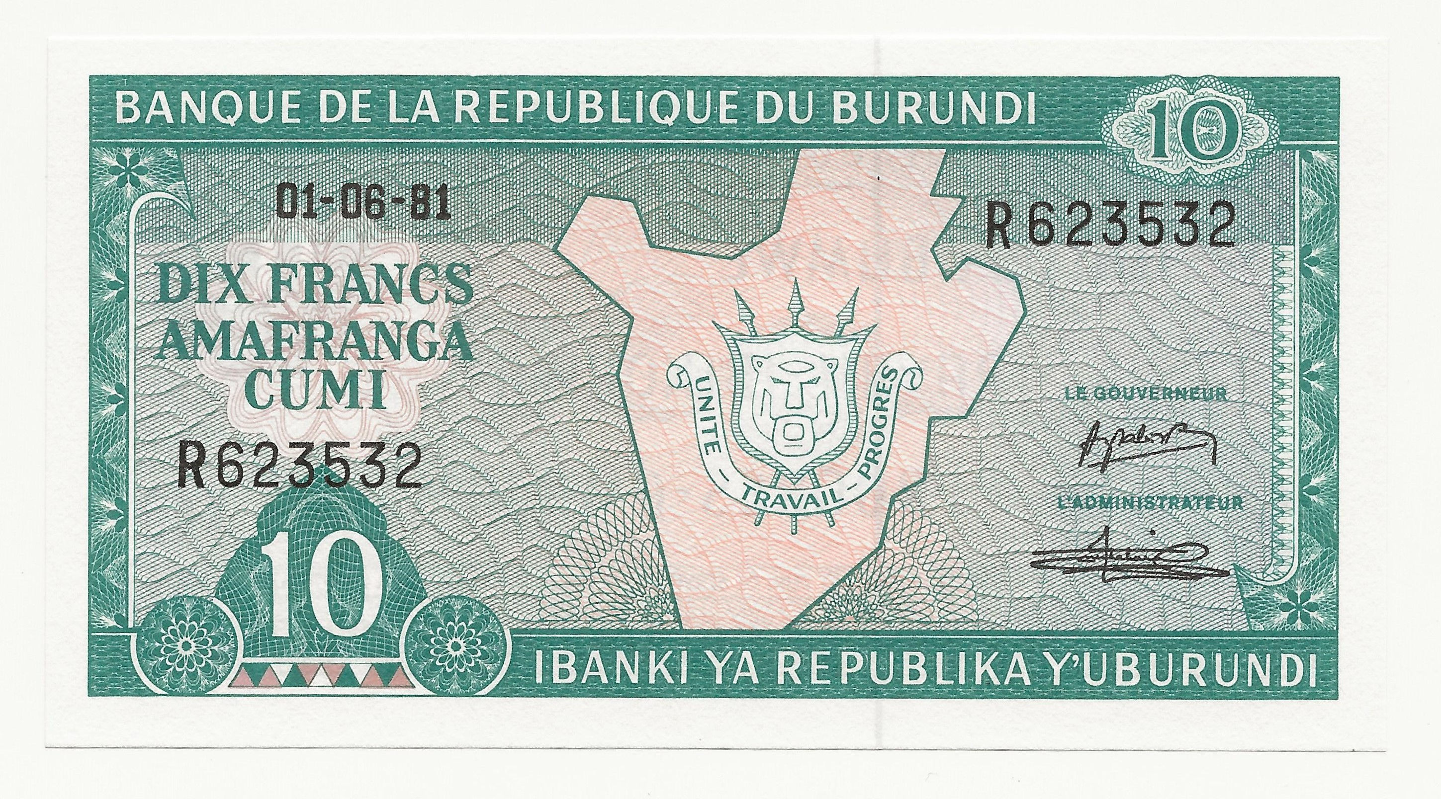 Burundi - 10 Francs - 1981 - pick# 33a