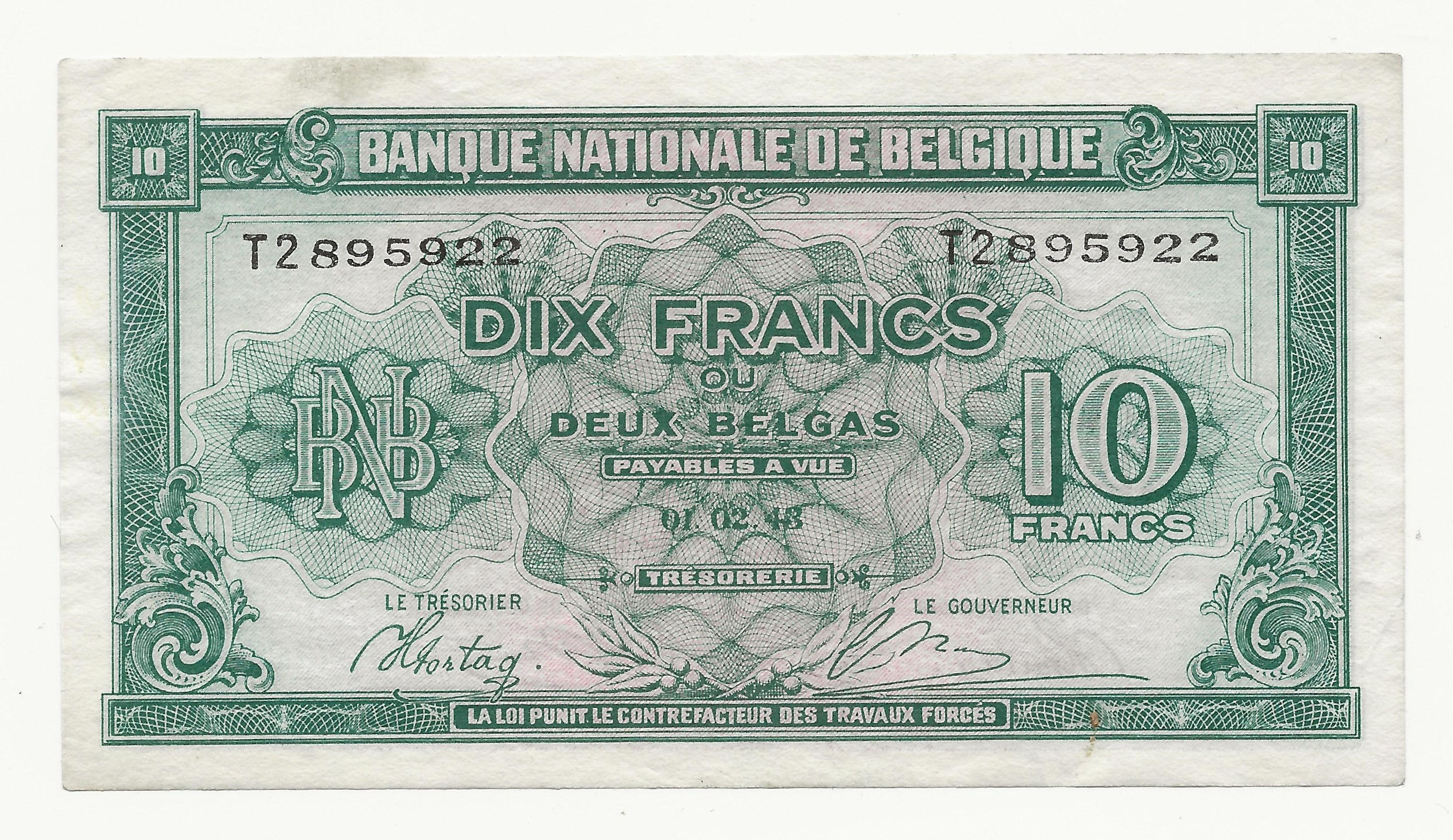Belgium - 10 Francs - 1943 - pick# 122a