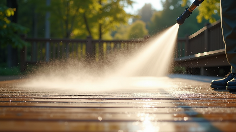 Close-up view of pressure washing a wooden deck surface