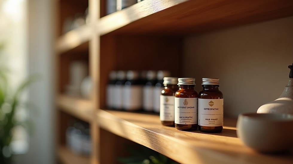 Close-up view of homeopathic remedies in small bottles on a wooden shelf