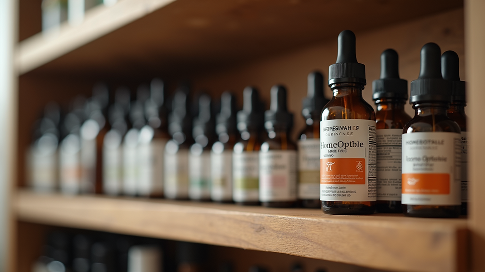 Close-up view of homeopathic remedy bottles arranged on a wooden shelf