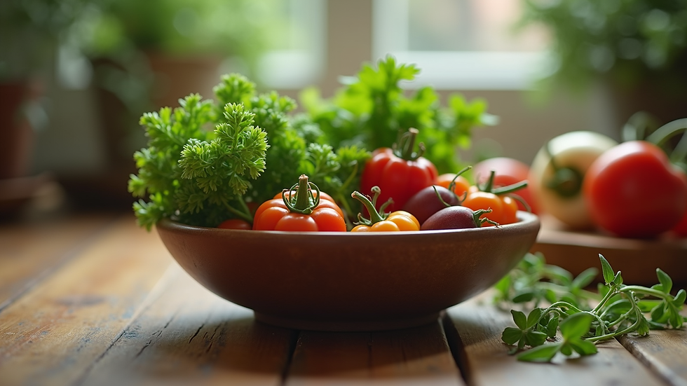 Eye-level view of a bowl of fresh vegetables and herbs on a wooden table