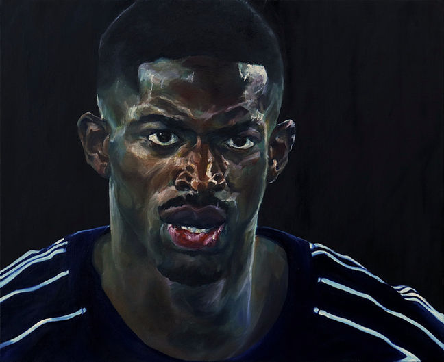 Oil painting portrait showing an intense, focused male face against a dark background, expressing determination and inner strength.