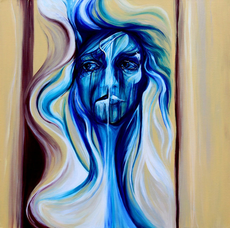 Expressionist blue portrait with blurred features and vertical drips, symbolizing emotional restraint and silence