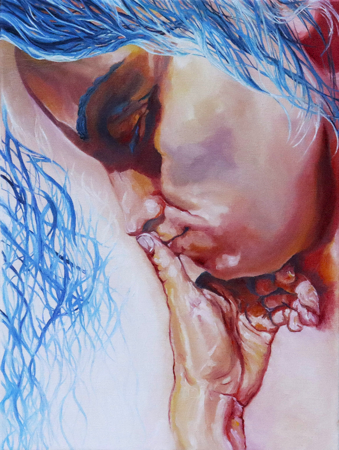 Oil painting titled Thinker by Ewa Hewelt, showing an intimate close-up of a contemplative face with closed eyes, resting against a hand, with expressive blue hair and warm tones. 2025.