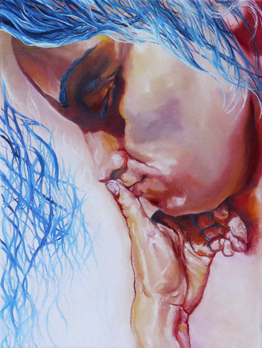 Oil painting titled Thinker by Ewa Hewelt, showing an intimate close-up of a contemplative face with closed eyes, resting against a hand, with expressive blue hair and warm tones. 2025.