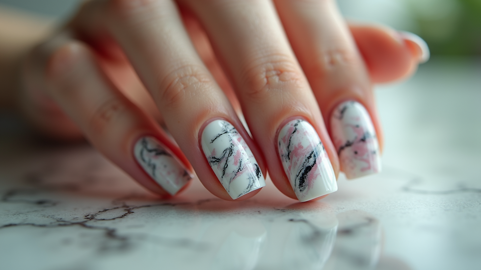 Eye-level view of a marbled nail design display