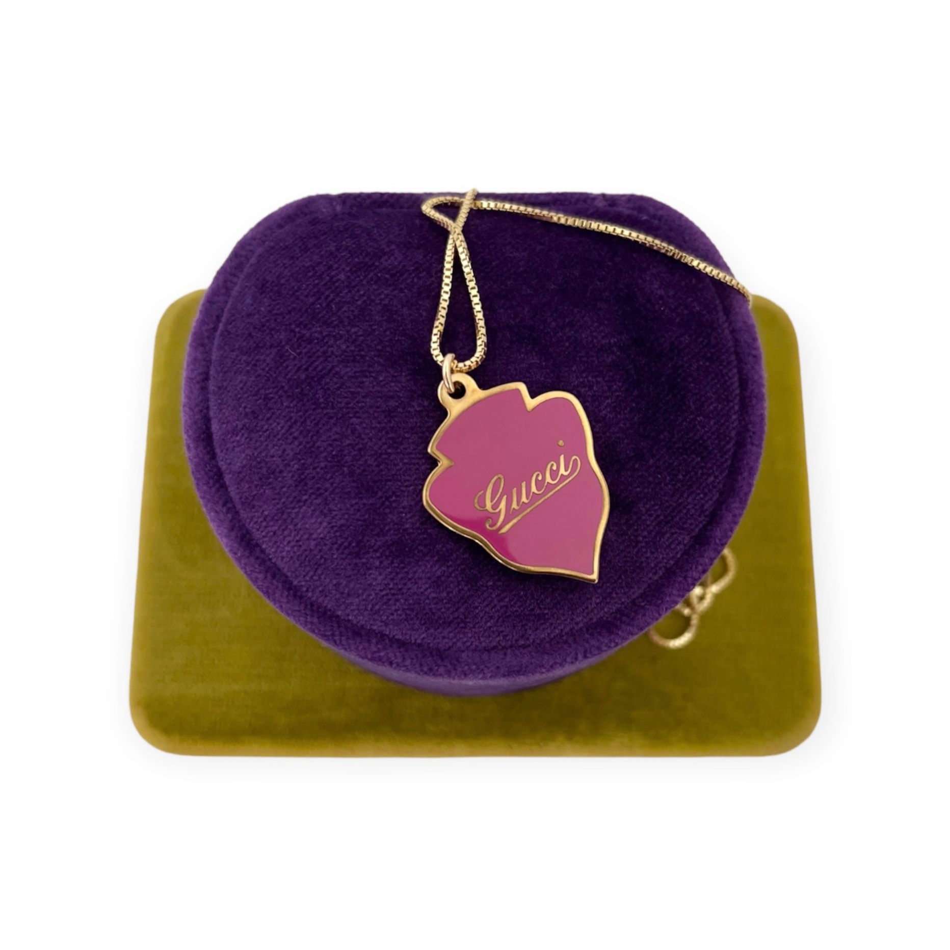 Repurposed Gucci Cursive Magenta Enamel & Gold Charm Necklace