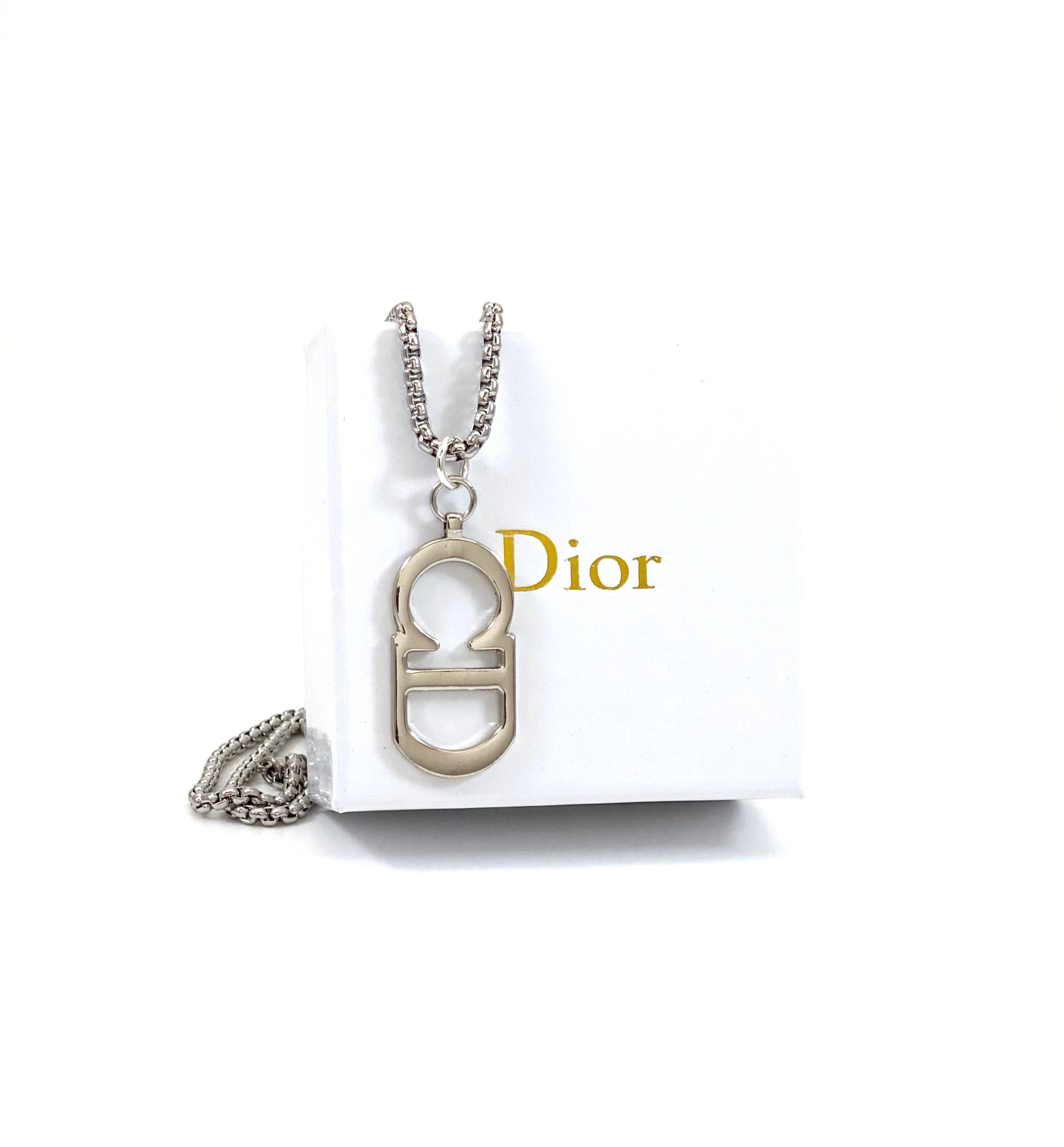 Vintage Repurposed Large Silver Christian Dior CD Charm Necklace