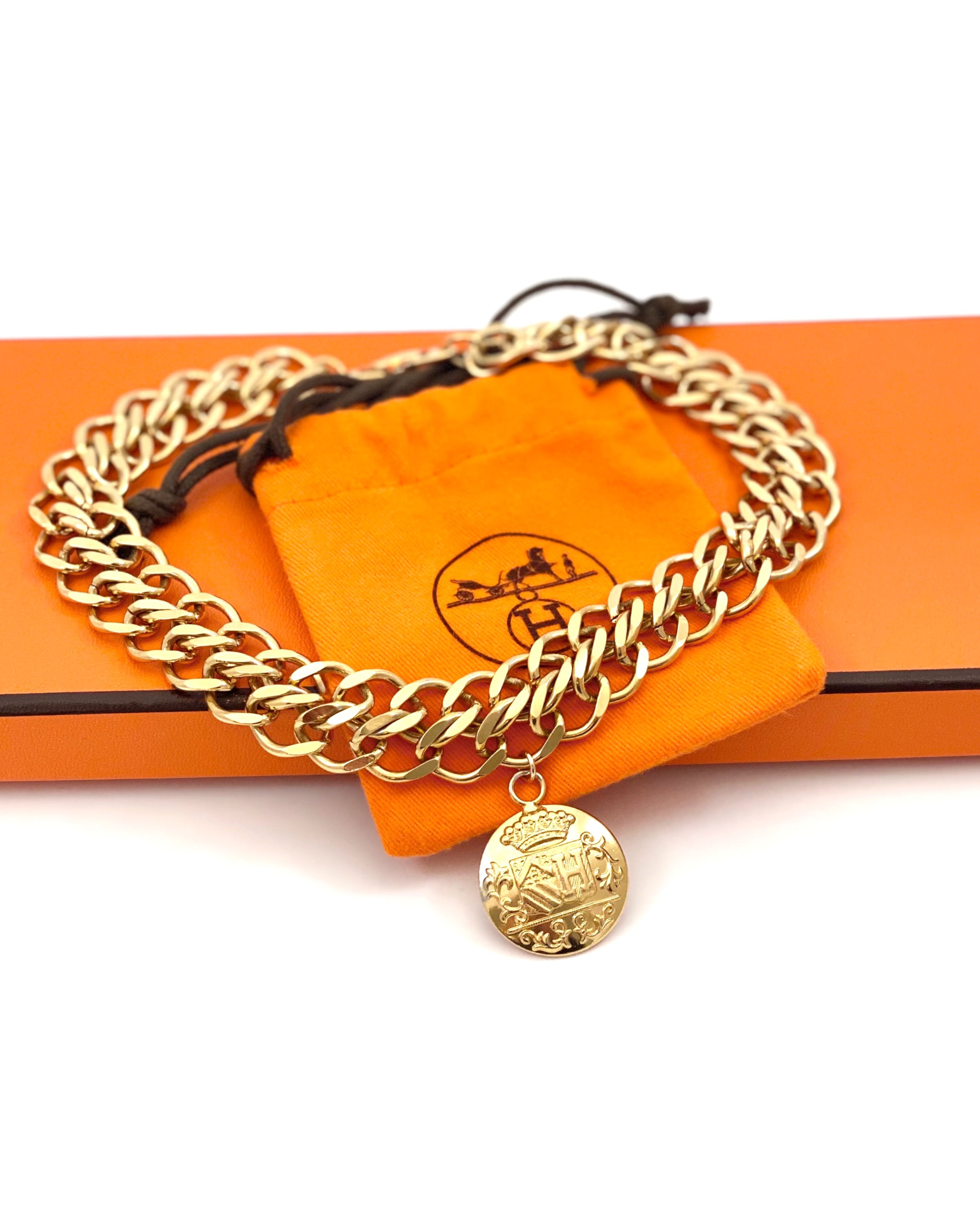 Repurposed Vintage 1990's Hermès Large Gold "H" Charm Chunky Choker Necklace