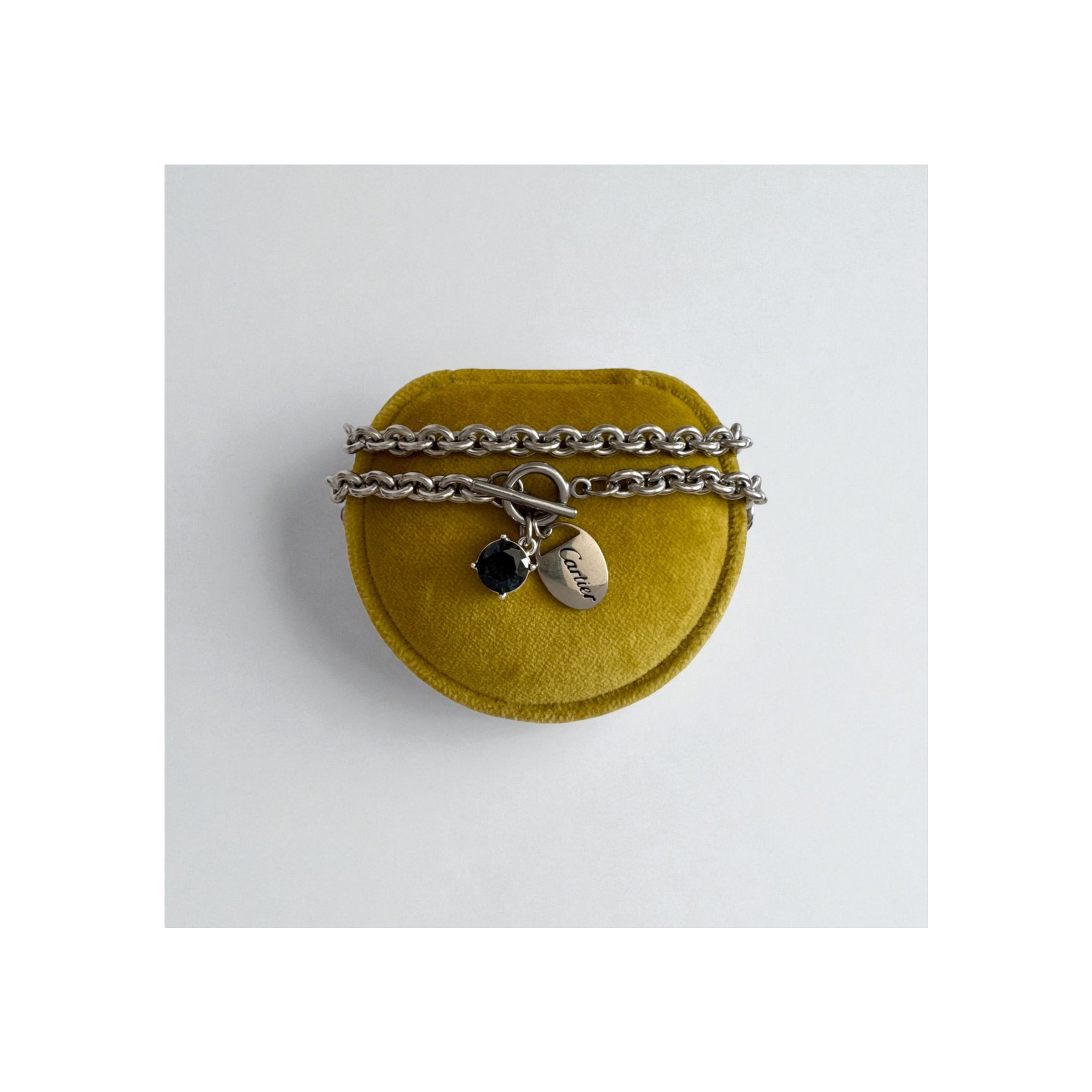 Repurposed Vintage Cartier Silver & Dark Blue Swarovski Charms Toggle Necklace