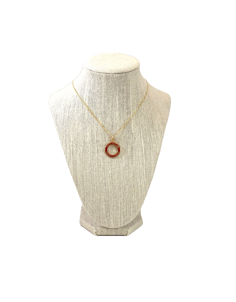 Thumbnail: Repurposed Louis Vuitton Medium Red Enamel Trunks & Bags Circle Charm Necklace