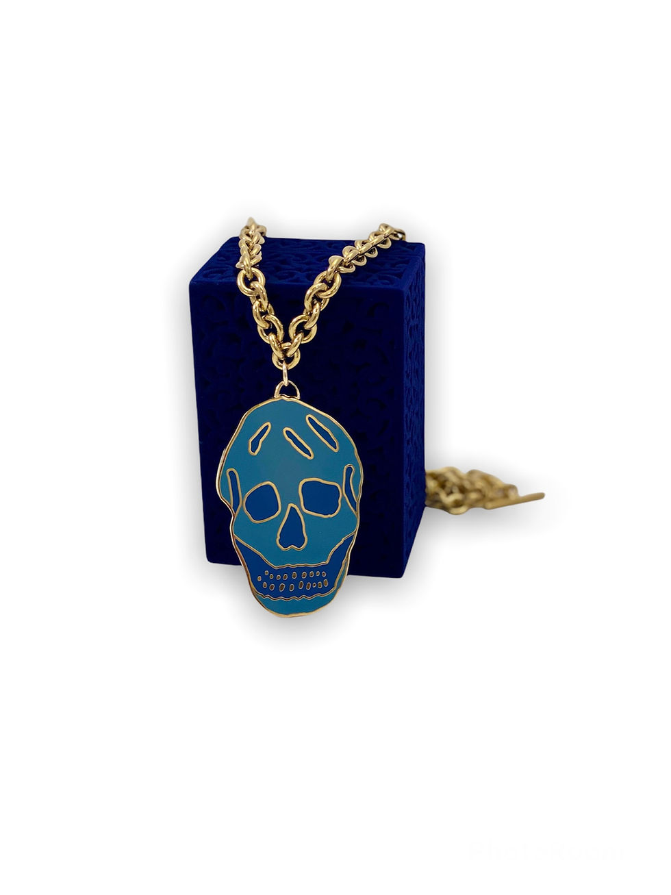 Thumbnail: Repurposed Alexander McQueen Blue & Gold XXL Skull Choker Necklace