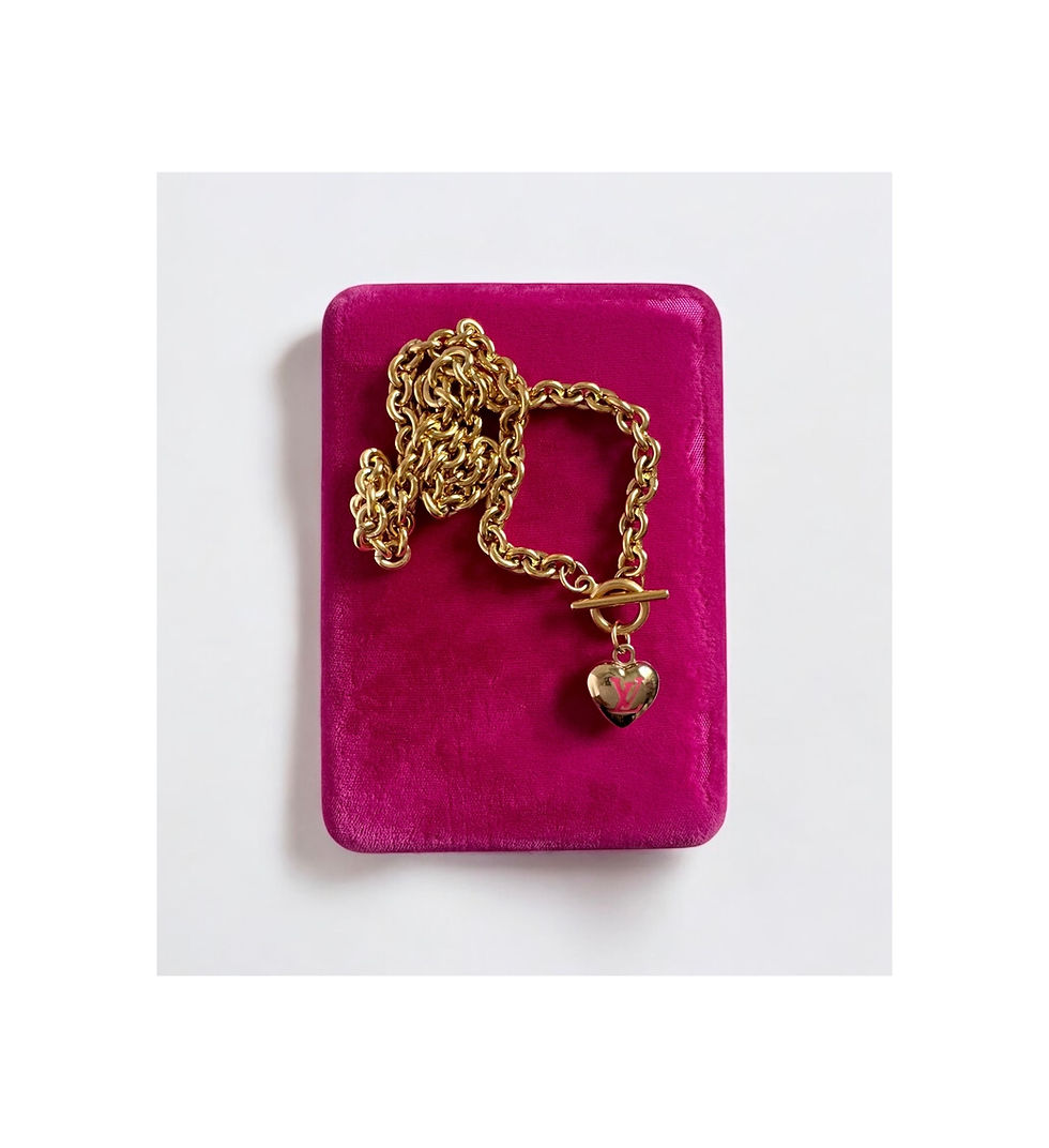 Thumbnail: RARE Repurposed Louis Vuitton Gold & Pink LV Heart Charm Necklace