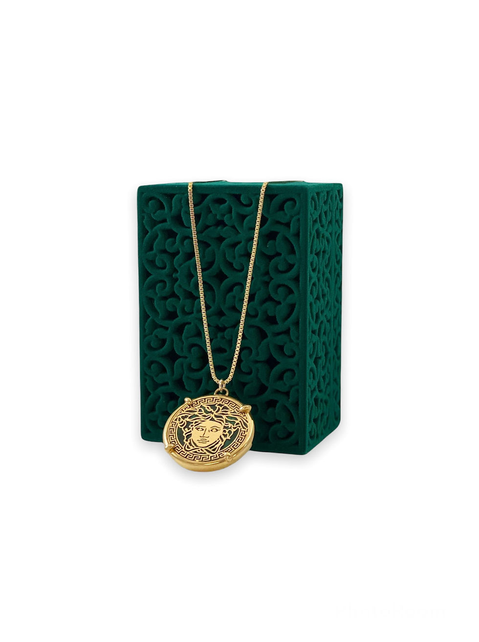 Thumbnail: Vintage Repurposed RARE Versace Green & Gold Filigree Medusa Charm Necklace