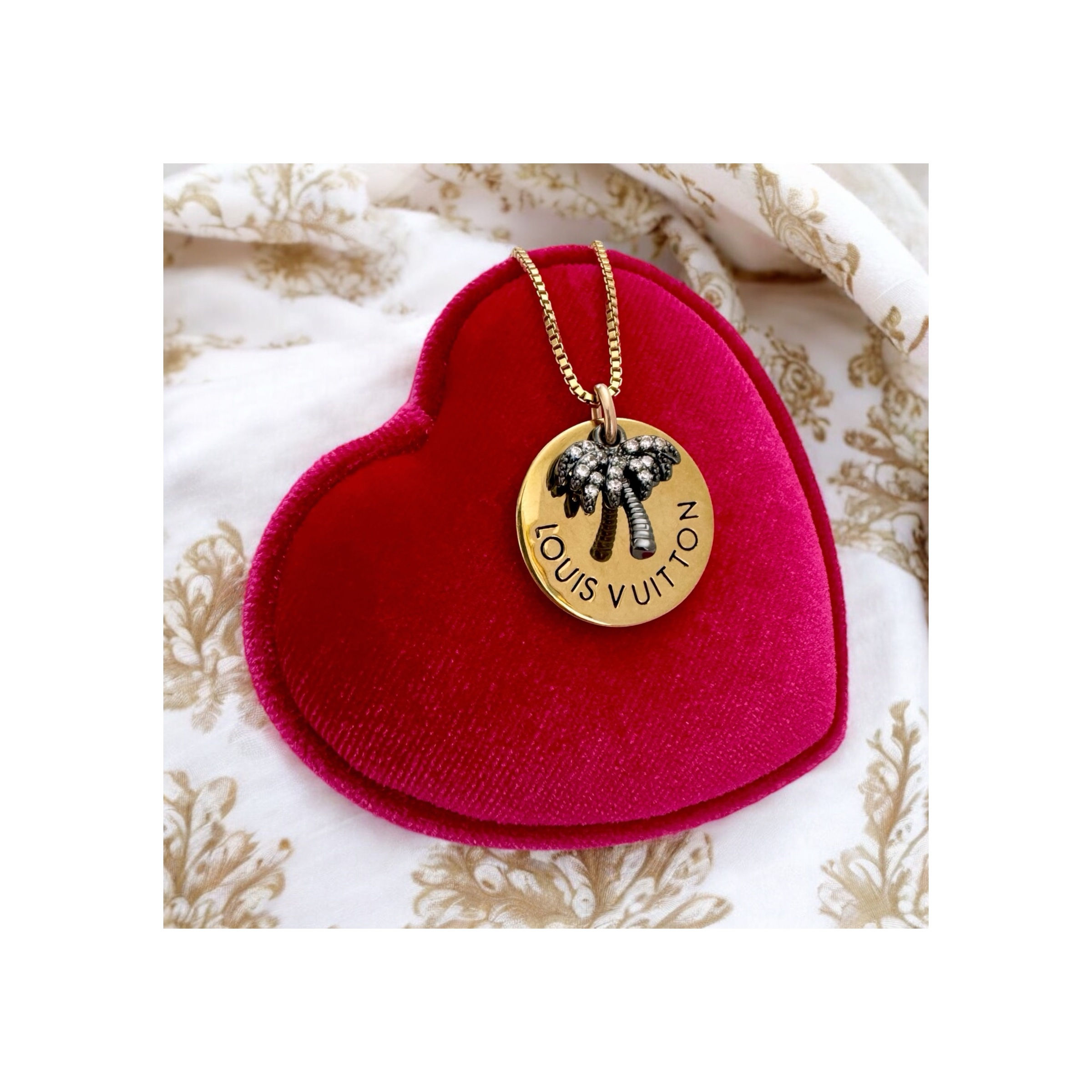 Repurposed Louis Vuitton Medium Coin & Silver CZ Palm Tree Charm Necklace