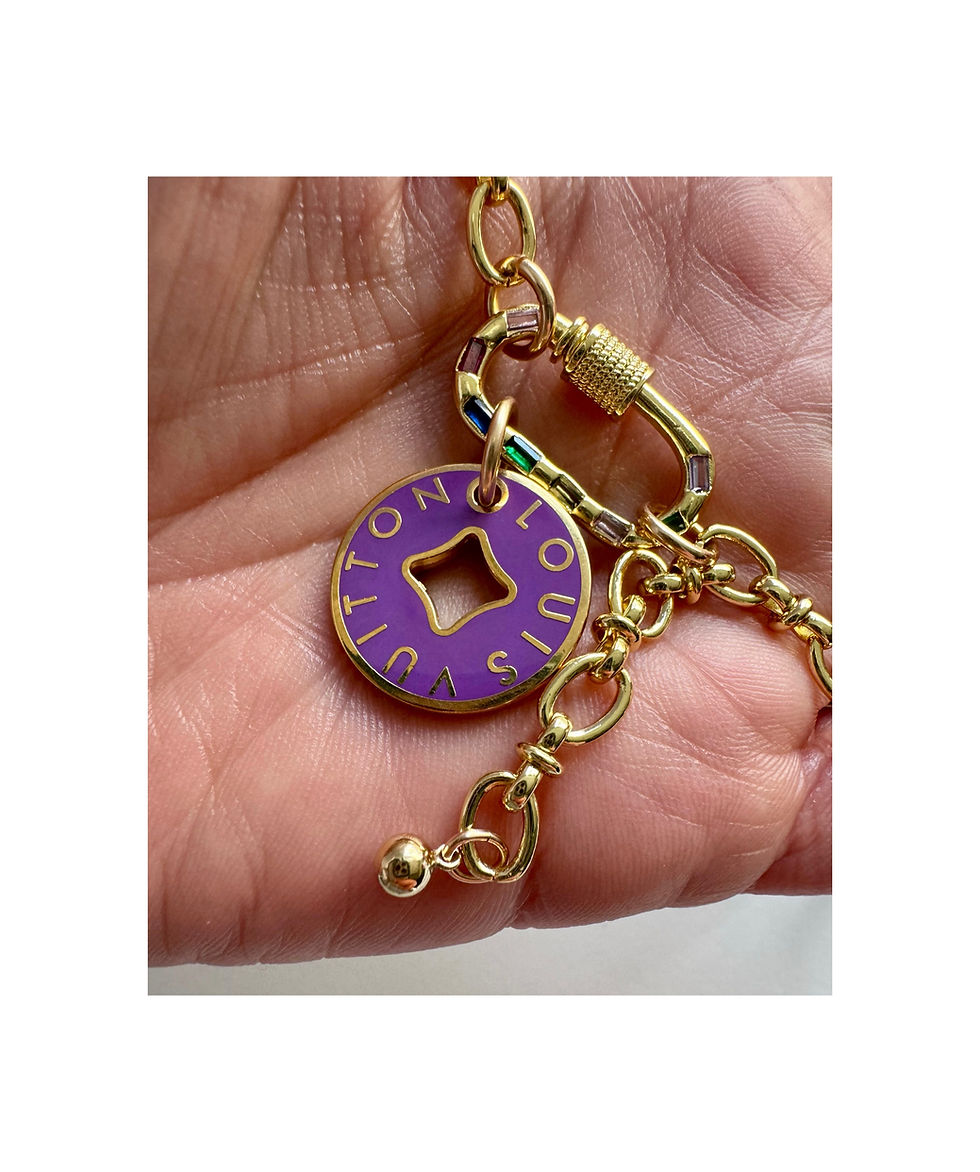 Repurposed Louis Vuitton Green & Purple Enamel Reversible Carabiner Necklace