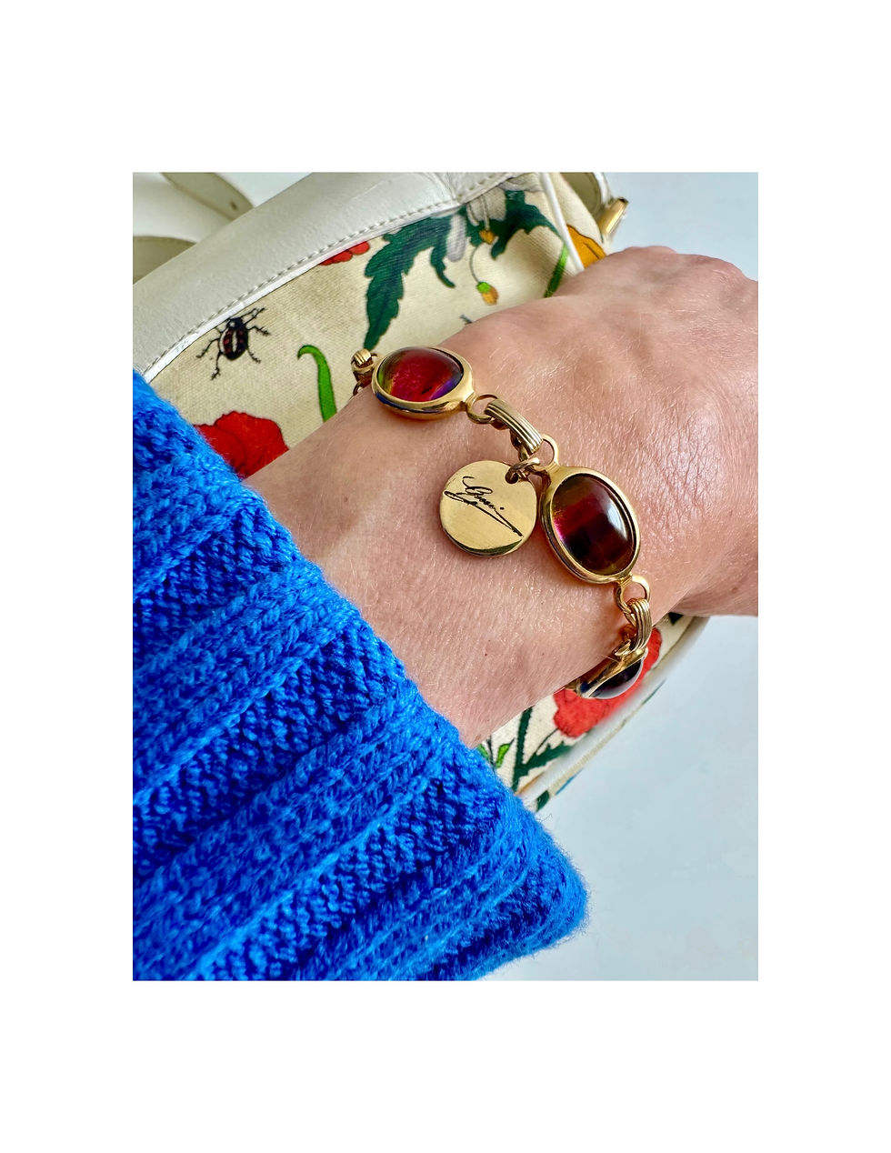 Thumbnail: Repurposed Petite Script Gucci Charm Vintage 1960's Rainbow Cabochon Bracelet